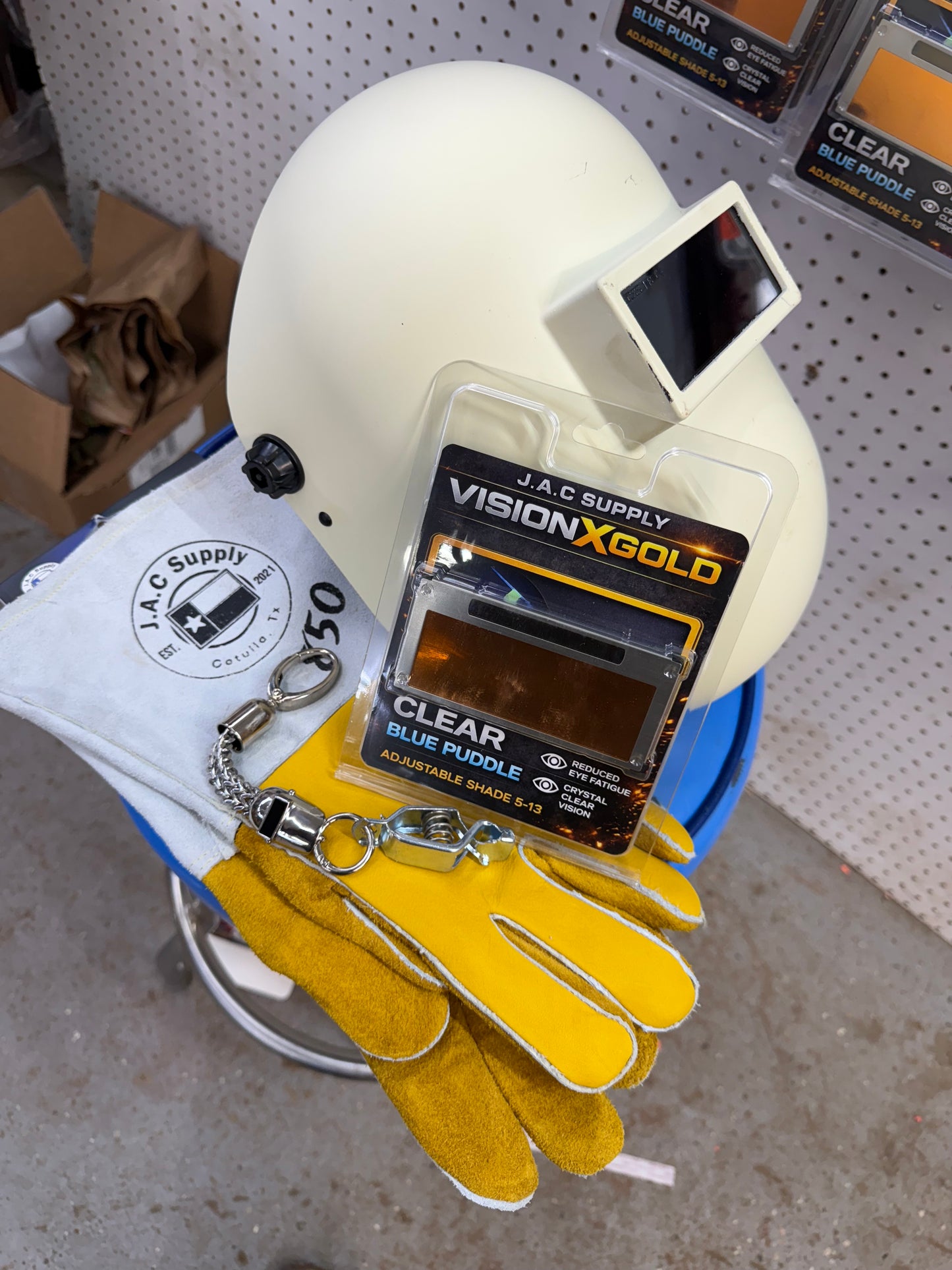 J.A.C Weld Ready Kit – Hood + Vision X Gold Lens + Gloves + Clip